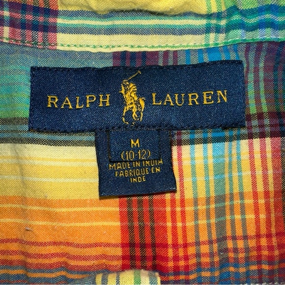 Ralph Lauren Youth Boys M 10/12 Short Sleeve Button Up Shirt Yellow Plaid Collar - Picture 4 of 7